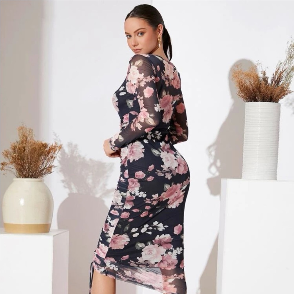 Black and pink flower printed see-through dress